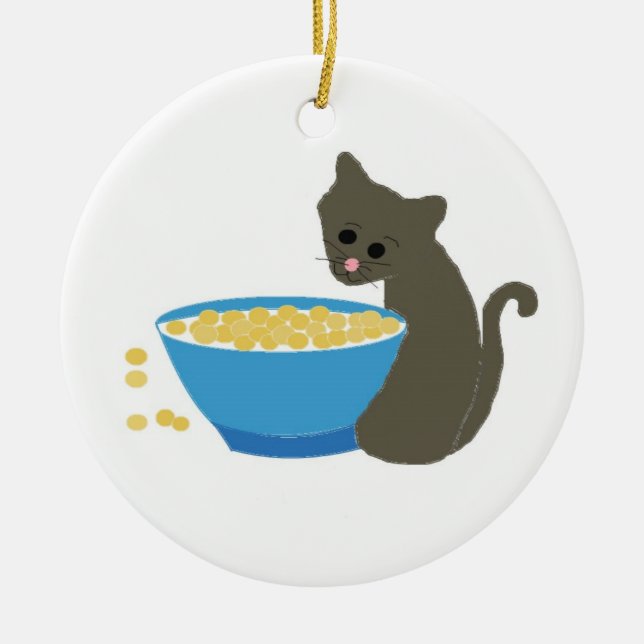 Söt katt bredvid en blå matskål julgransprydnad keramik (Framsidan)