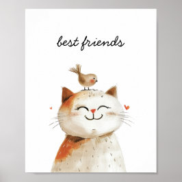 Söt Katt Fågel Bästa Vänner Akvarell Barnkammare Poster