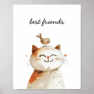 Söt Katt Fågel Bästa Vänner Akvarell Barnkammare Poster