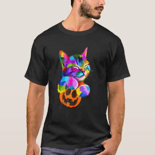 Söt Katt Färgrik Halloween Dräkt Pumpa Barn T Shirt