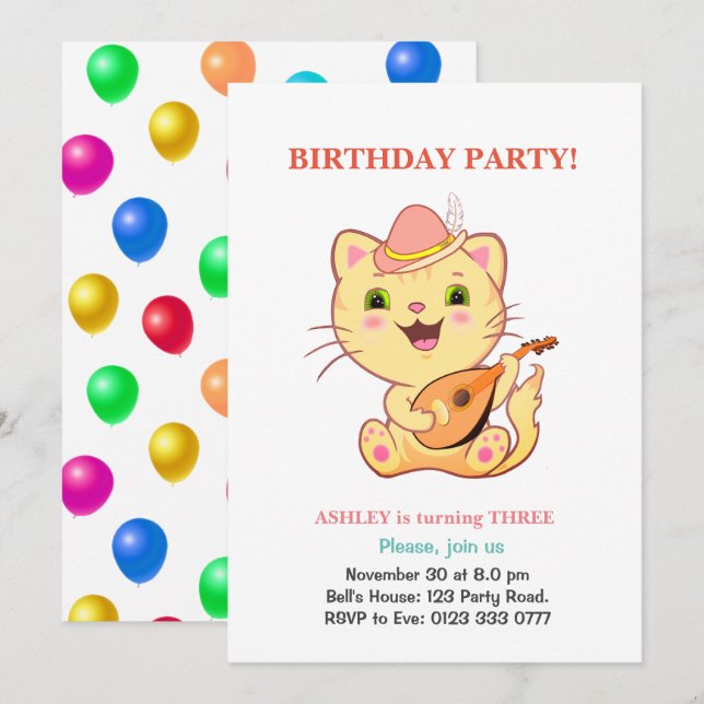 Söt katt & flerfärgade ballonger födelsedag inbjudningar (Fram/baksida)