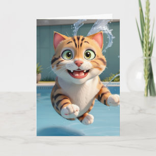 Söt katt flygande simmande dykande pool rolig blan kort