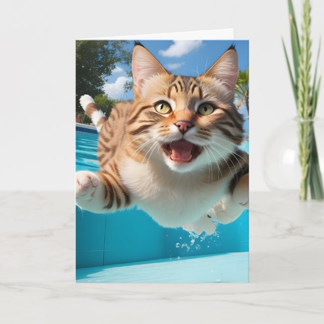Söt katt flygande simmande dykande pool rolig filt kort (Framsida)
