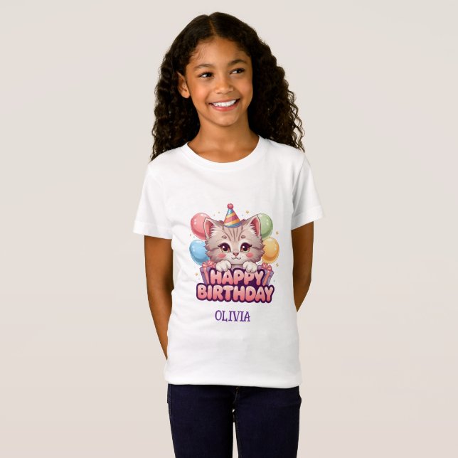 Söt katt födelsedagsflicka Personlig barn- T Shirt (Hel framsida)