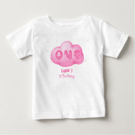 Söt Katt Font Vattenfärg Rosa Moln 1-års Födelseda T Shirt