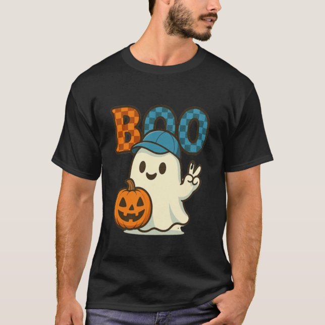 Söt Katt Ghost med Pumpa Halloween Kvinnor Män K T Shirt (Framsida)