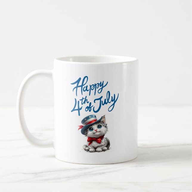 Söt Katt Glad Fjärde Juli 4:e Kaffe Mugg (Vänster)