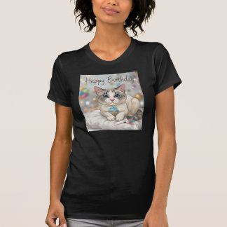Söt Katt Glad Födelsedag Cupcake Blå Ton T Shirt