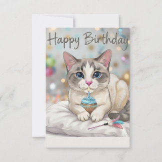 Söt Katt Glad Födelsedag Cupcake Blå Ton Tack Kort