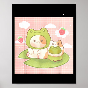 Söt Katt Groda Jordgubbe Retro 90tal Cottagecore Poster
