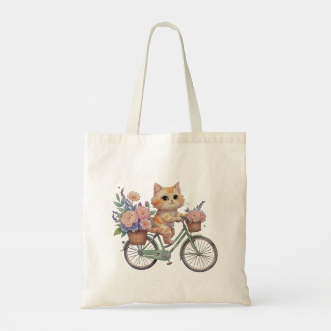 Söt katt-handväskor – Blommig cykeldesign Tygkasse (Baksida)