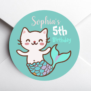 Söt Katt Havfrue Meowmaid Purrmaid Flickebursdag Runt Klistermärke
