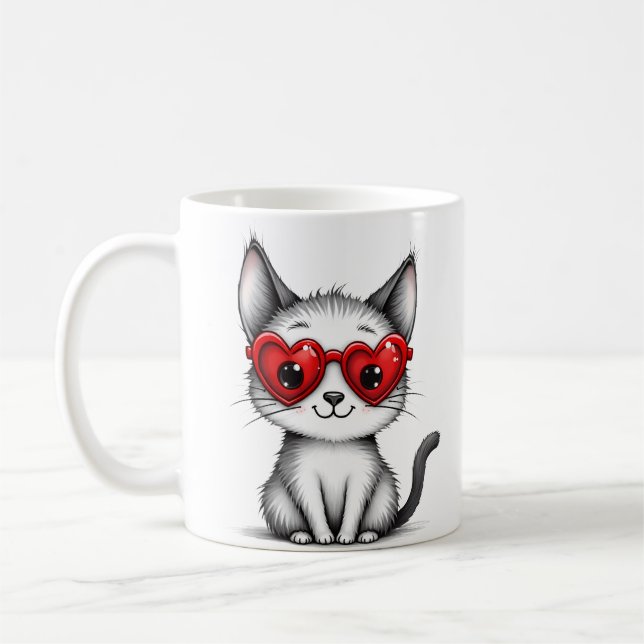 Söt Katt Hjärtformade Glasögon Kaffemugg (Vänster)