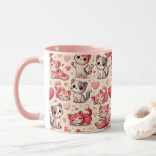 Söt katt & hjärtmönstrad mugg – Rosa & Röd