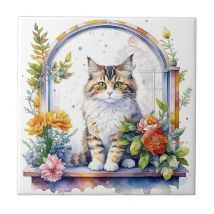 Söt katt i blommornas fönster kakelplatta