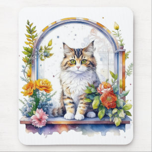Söt katt i blommornas fönster musmatta