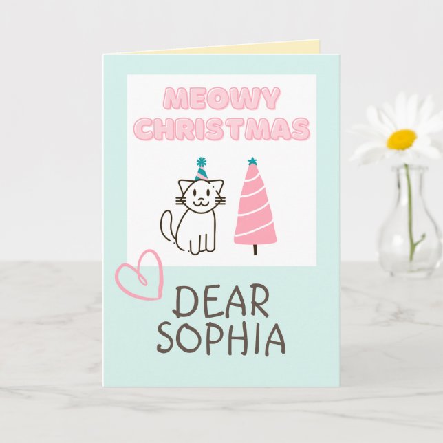 Söt katt i en hatt & träd Glad jul Pastell julkort Kort (Liten växt)