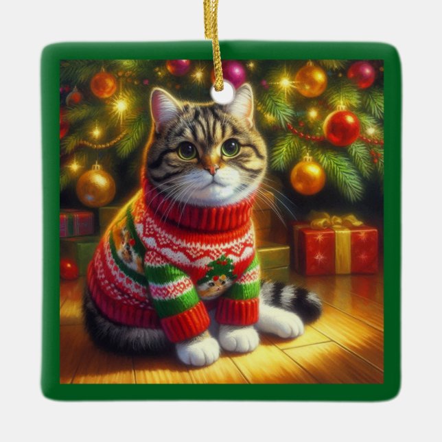 Söt katt i en jultröja  julgransprydnad keramik (Framsida)