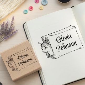 Söt katt i en väska signatur namn trästämpel stämpel