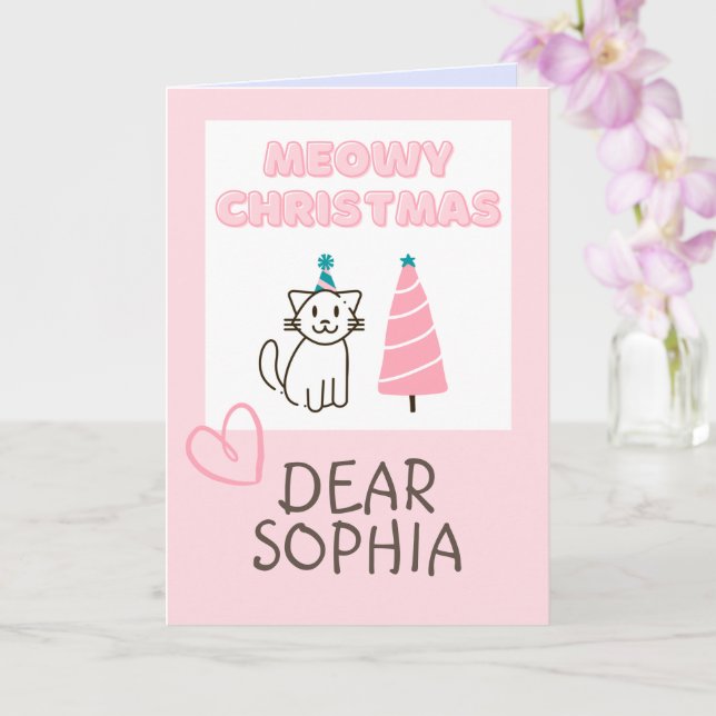 Söt katt i hatt & träd Glad jul Pastell Ca Kort (Orkide)