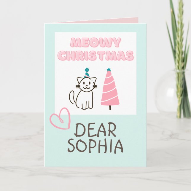 Söt katt i hatt & träd Glad jul Pastell Kort (Framsida)