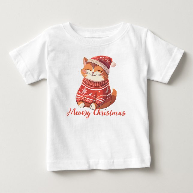 Söt katt i julhatt och svettare baby top t shirt (Framsida)
