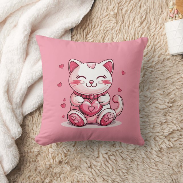 Söt katt i kärlek med rosa hjärta kudde (Filt)