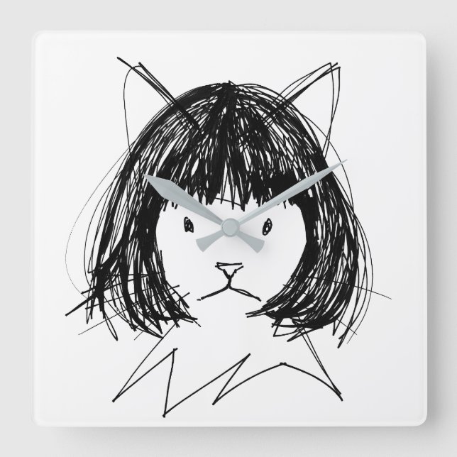 Söt katt i peruk (stil 7) finkonst fyrkantig klocka (Framsida)