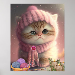 Söt katt i rosa stickad mössa och halsduk Garnkons Poster