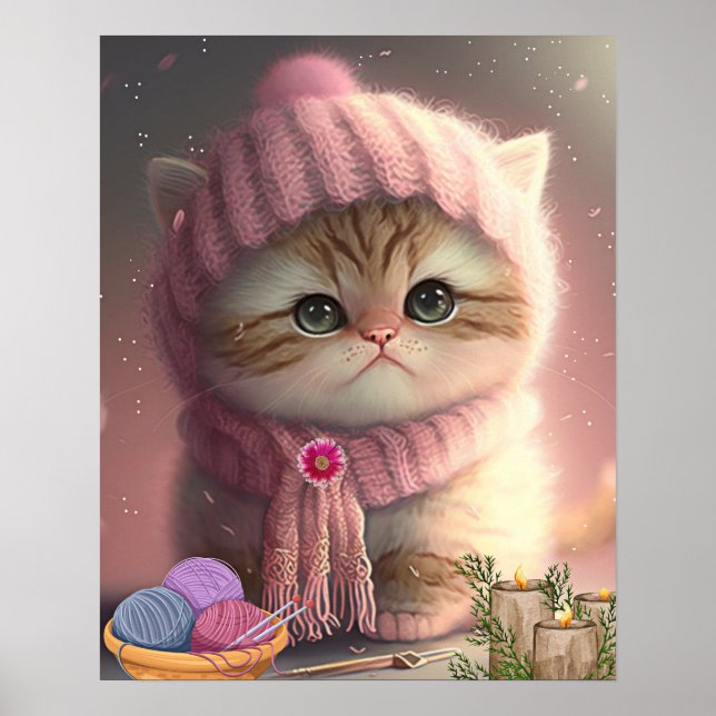 Söt katt i rosa stickad mössa och halsduk Yarn Art Poster (Framsidan)