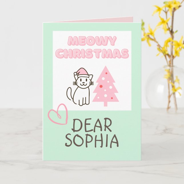 Söt katt i tomteluva & träd Meowy jul Pastell  Kort (Gul blomma)