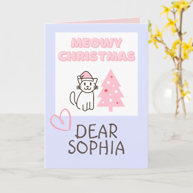 Söt katt i tomteluva & träd Meowy jul Pastell  Kort (Gul blomma)