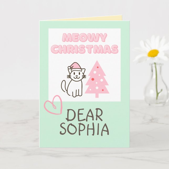 Söt katt i tomteluva & träd Meowy julpastell  Kort (Liten växt)