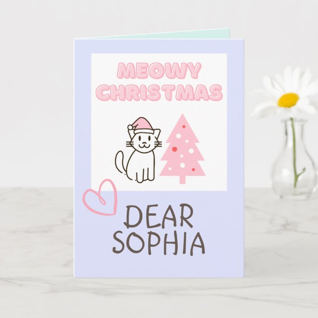 Söt katt i tomteluva & träd Meowy julpastell  Kort (Liten växt)