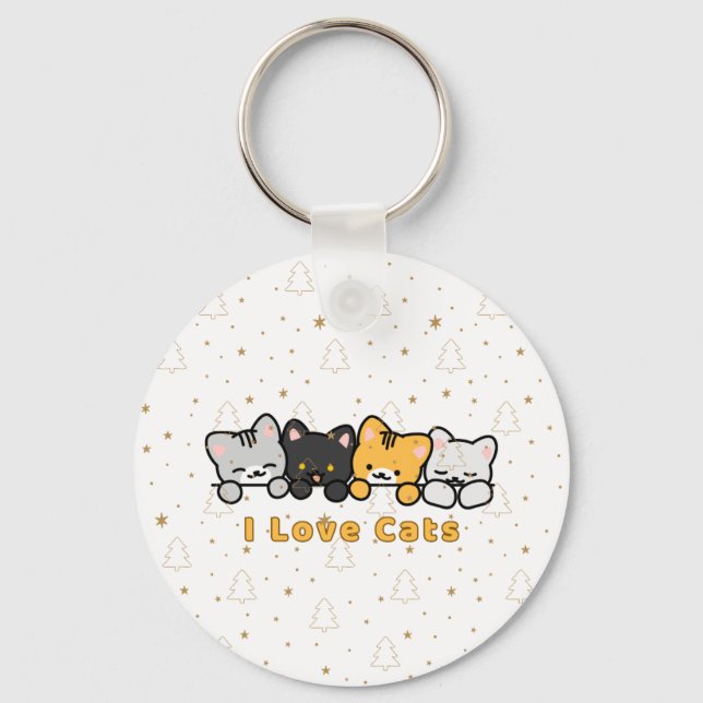 Söt Katt Illustration Jag Älskar Katter Kawaii Tec Nyckelring (Framsida)