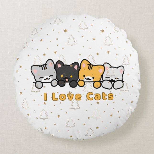 Söt Katt Illustration Jag Älskar Katter Kawaii Tec Rund Kudde (Framsidan)
