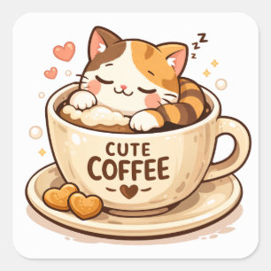 Söt katt inuti kaffekopp Mysig design för kattäl Fyrkantigt Klistermärke