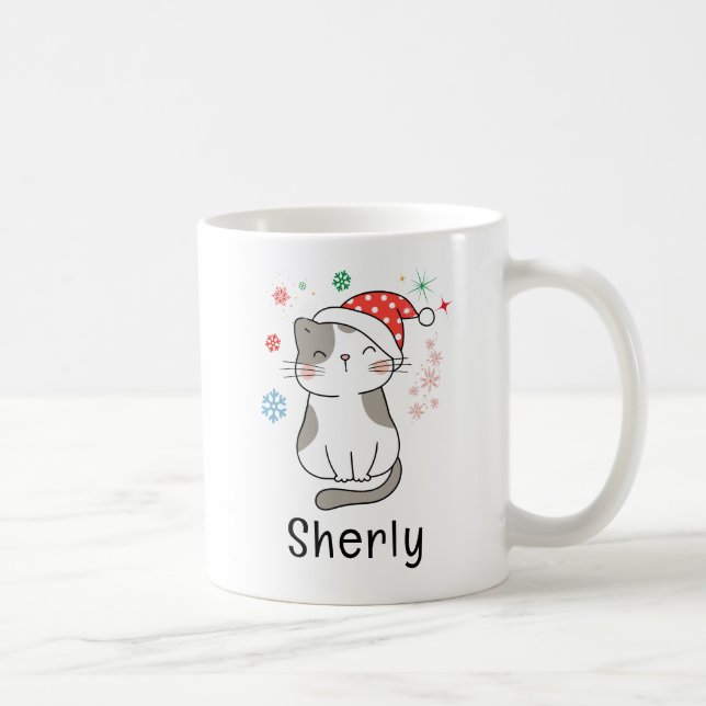 Söt katt jul anpassat namn kaffemugg (Höger)