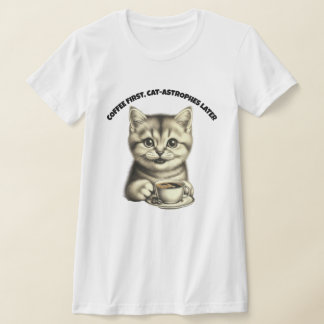 Söt Katt Kaffe T-Shirt Rolig Katt Älskare Tee Katt
