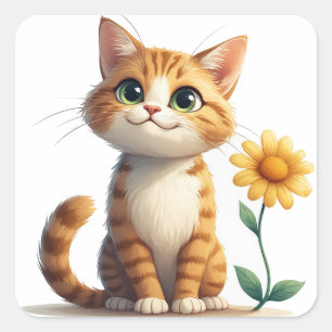 Söt Katt Karaktär Med Blommor Glädje 🌷 Fyrkantigt Klistermärke