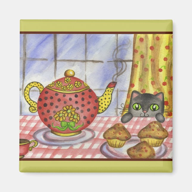 Söt Katt Kattunge Tekanna Köks Magnet Present (Framsidan)