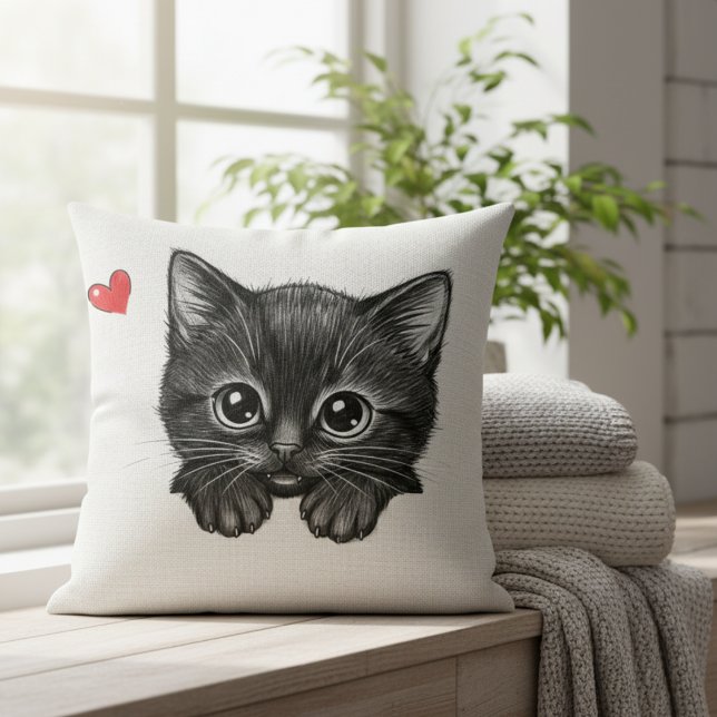 Söt katt kikande svart kattunge hjärta kudde (Skapare uppladdad)