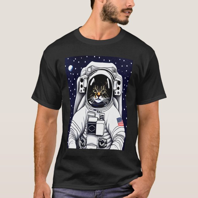 Söt Katt Kisse Måne Astronaut T Shirt (Framsida)