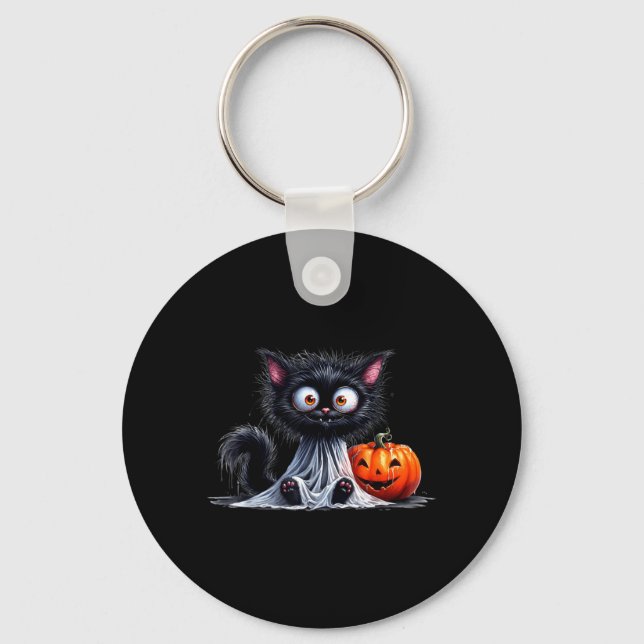 Söt Katt Kisse Spöke Halloween Svart Pumpa Nyckelring (Framsida)