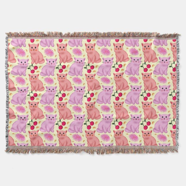 Söt Katt Körsbärs Blommönster | Kawaii Kitty Filt (Framsidan)