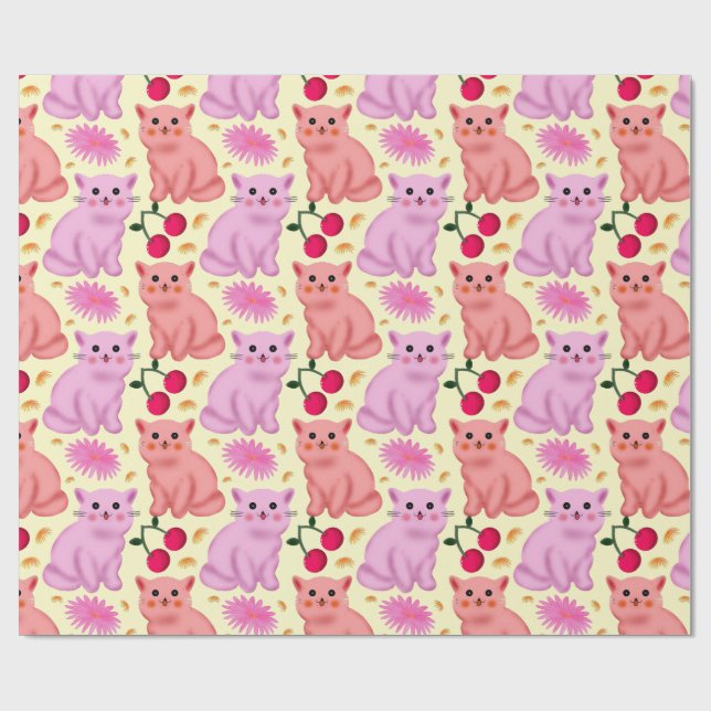 Söt Katt Körsbärs Blommönster | Kawaii Kitty Presentpapper (Platt)