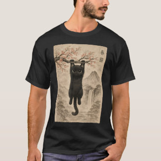 Söt Katt Körsbärsblomma Japansk Edo Träblock T Shirt