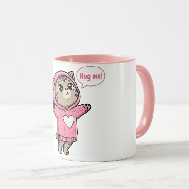 Söt katt kram hug pink tröja hjärta  mugg (Framsida höger)