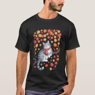 Söt Katt Löv Fall Träd Hej Höst Kvinnor Män Tha T Shirt