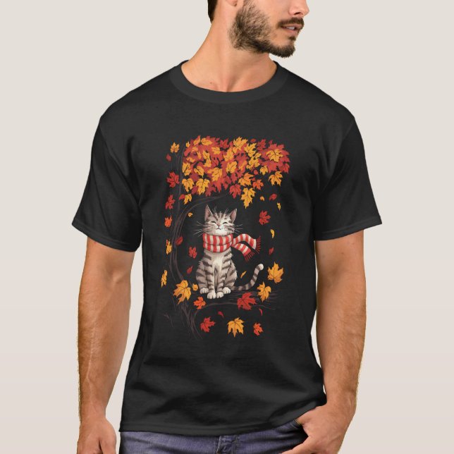 Söt Katt Löv Fall Träd Hej Höst Tacksgiving T Shirt (Framsida)